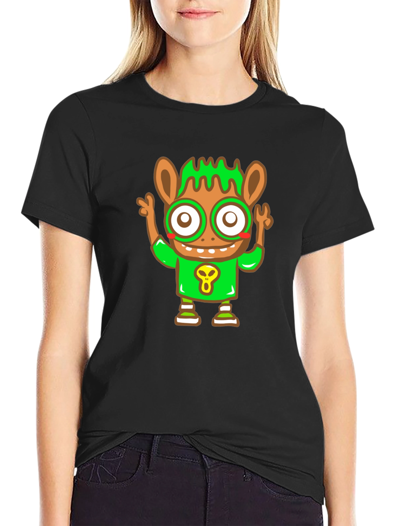 Cartoon Character Graphic Tee - Black Cotton Blend