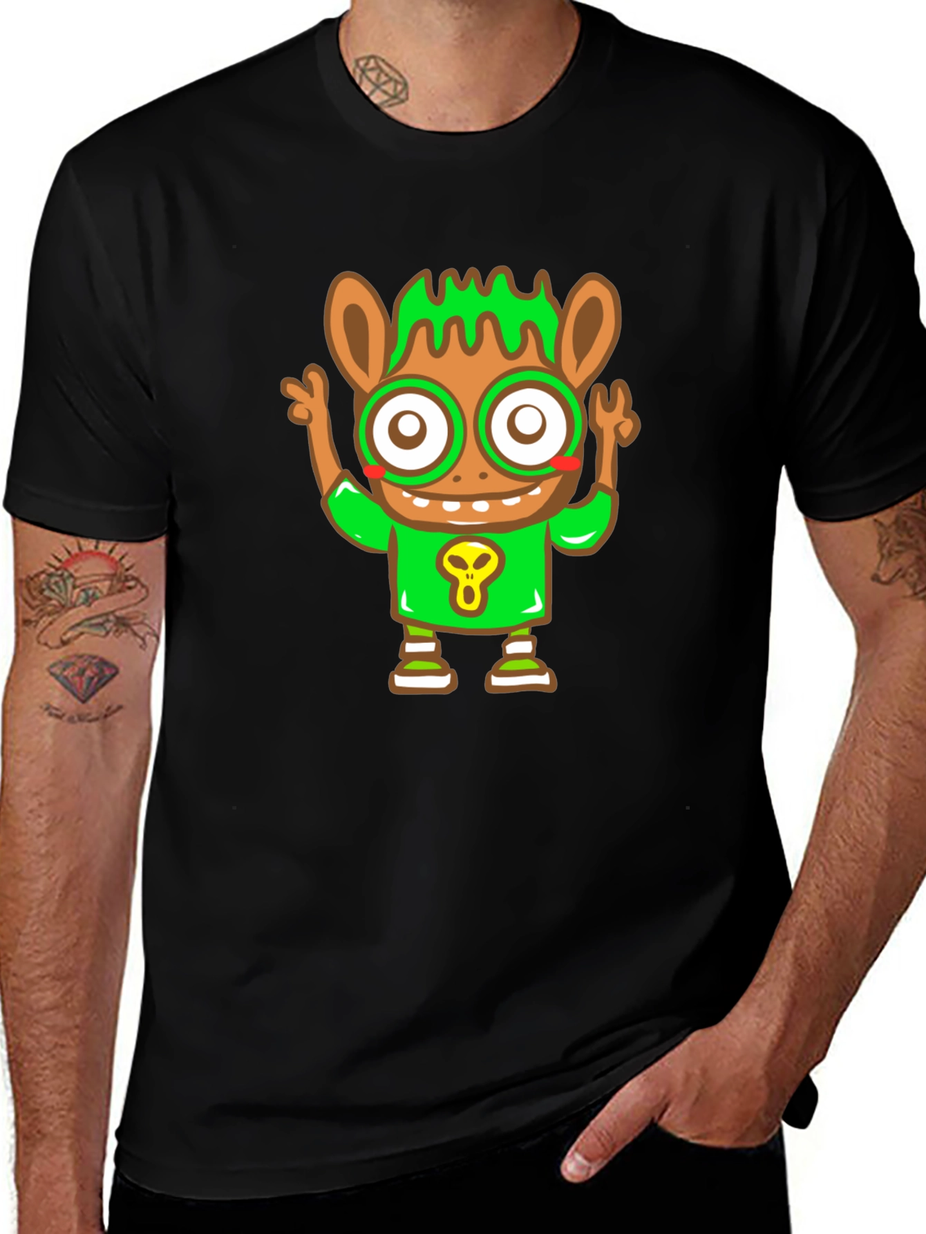 Cartoon Character Graphic Tee - Black Cotton Blend