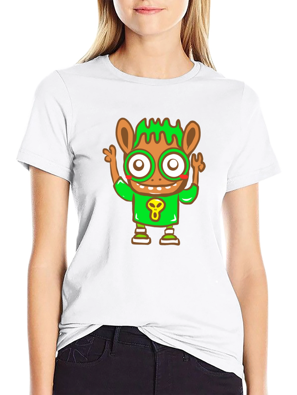 Cartoon Character Graphic Tee - Black Cotton Blend