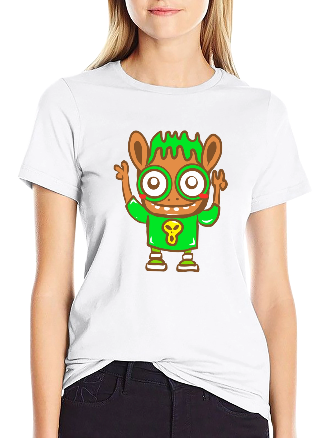 Cartoon Character Graphic Tee - Black Cotton Blend
