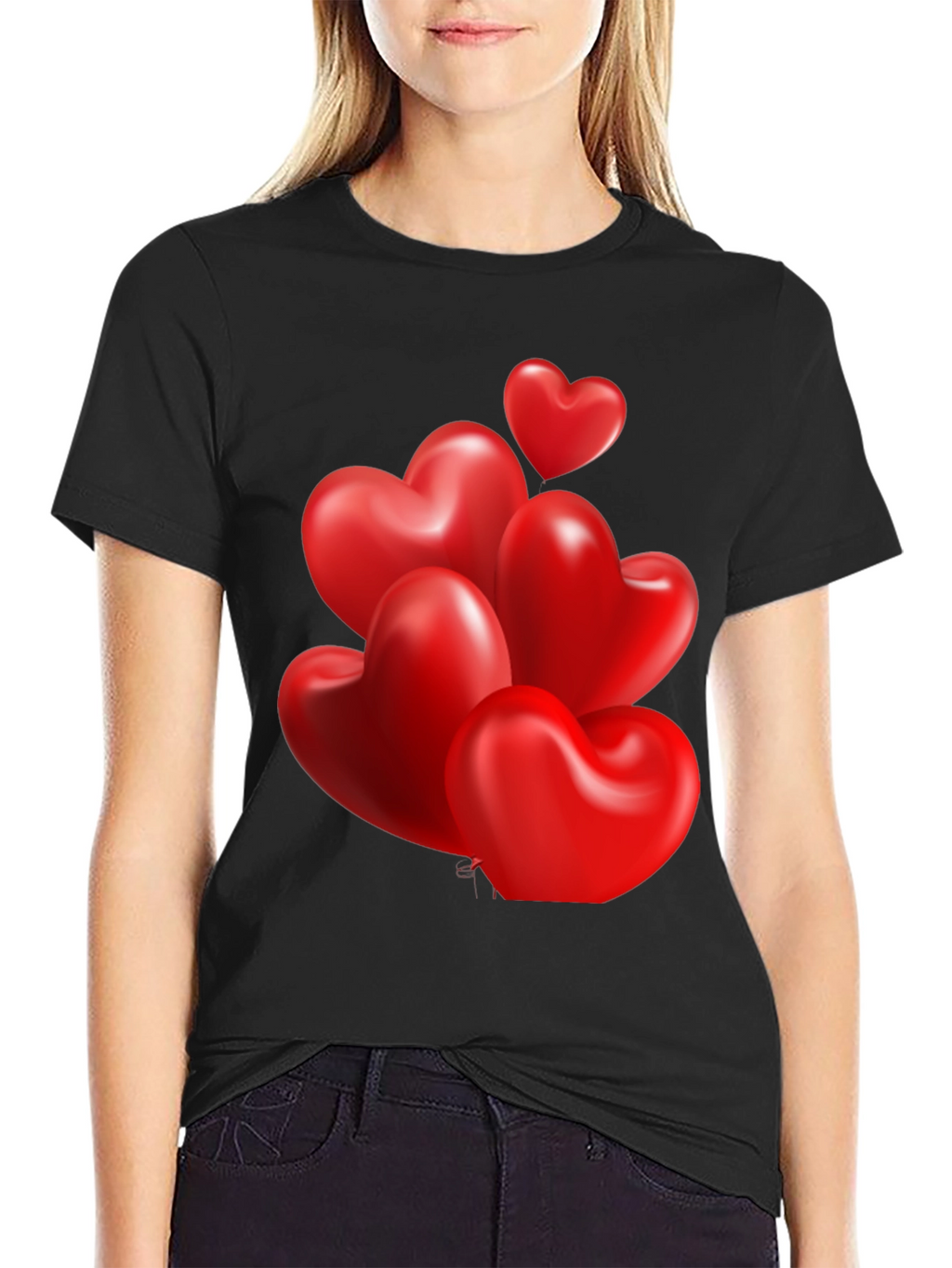Heart Balloons Graphic Print Black T-Shirt