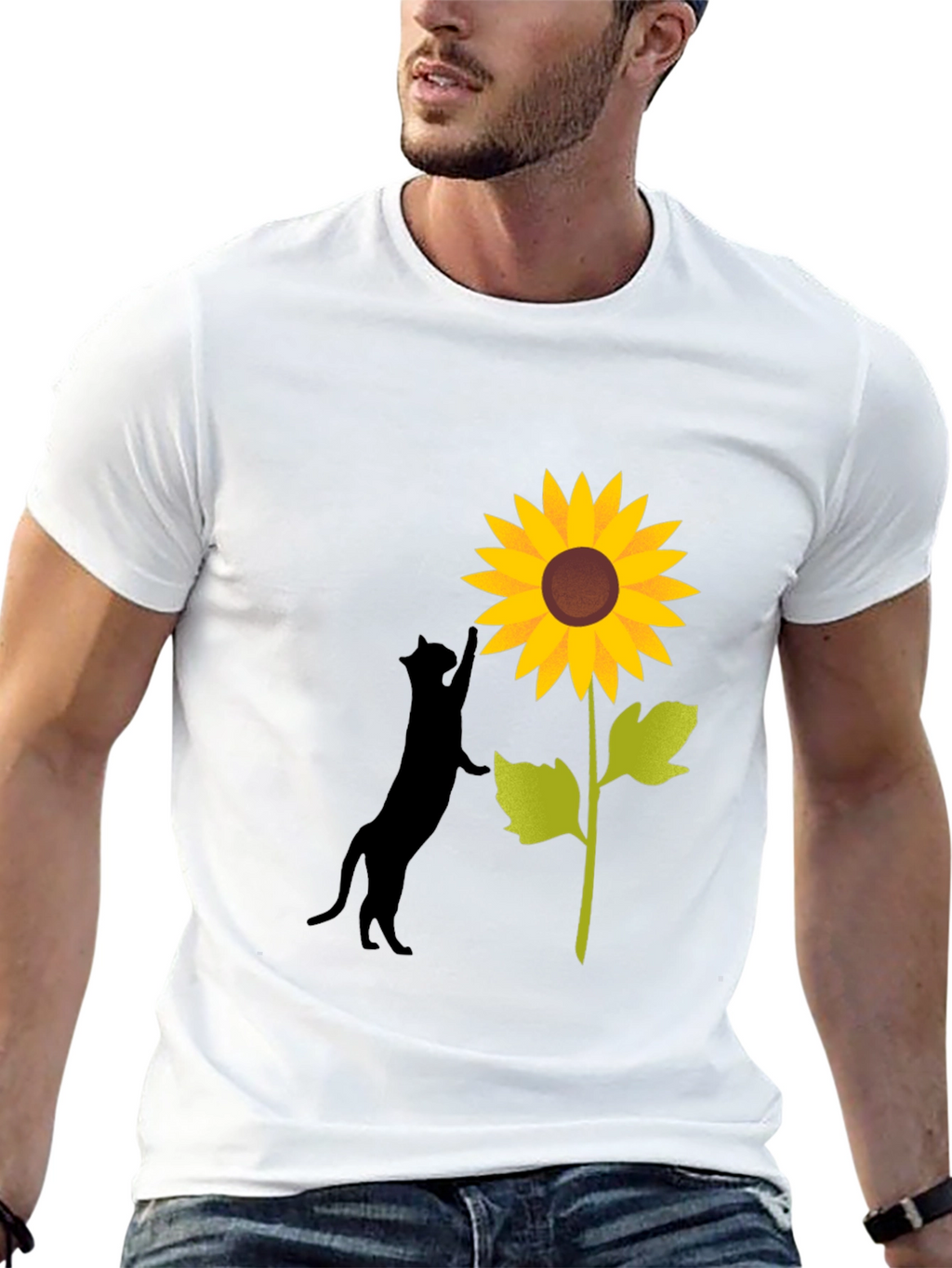 Cat and Sunflower Graphic Tee - Black Cotton Blend