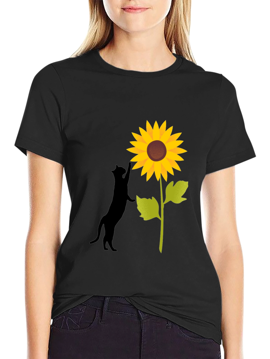Cat and Sunflower Graphic Tee - Black Cotton Blend