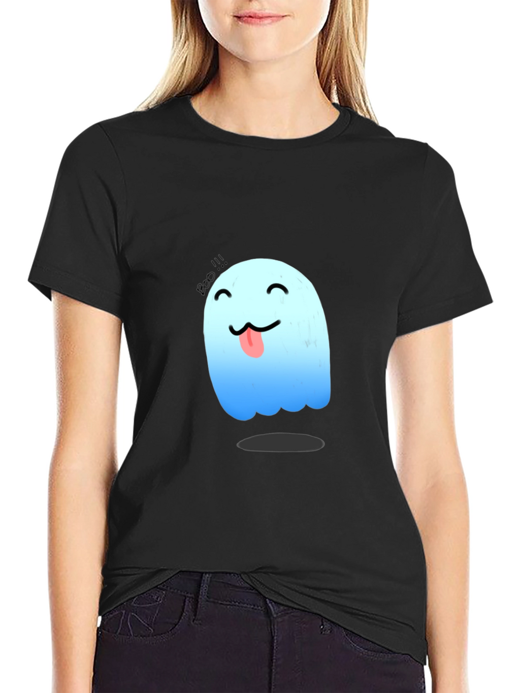 Cute Ghost Graphic Tee - Black Cotton T-Shirt