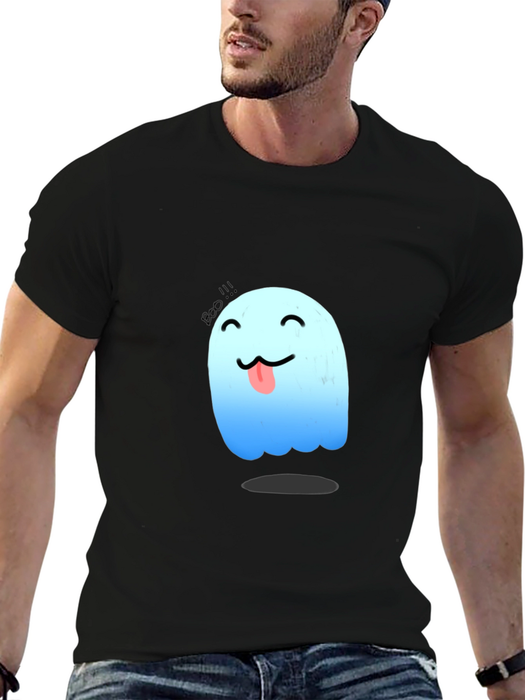 Cute Ghost Graphic Tee - Black Cotton T-Shirt