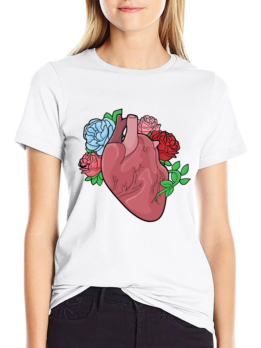 Floral Heart Graphic Tee - Black Cotton Blend