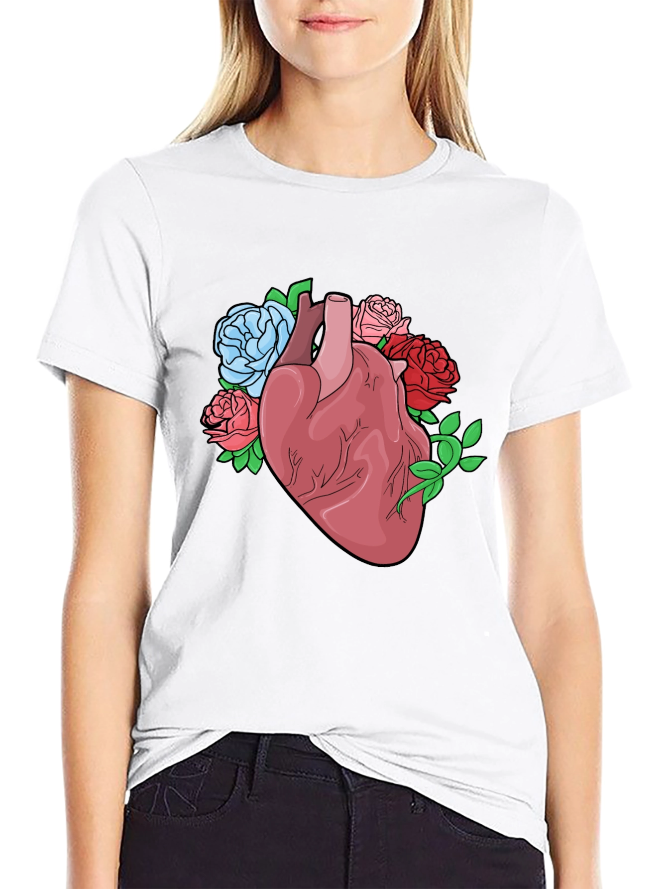 Floral Heart Graphic Tee - Black Cotton Blend