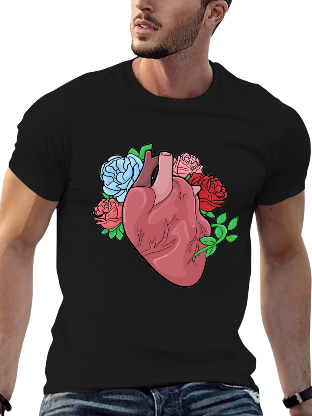 Floral Heart Graphic Tee - Black Cotton Blend