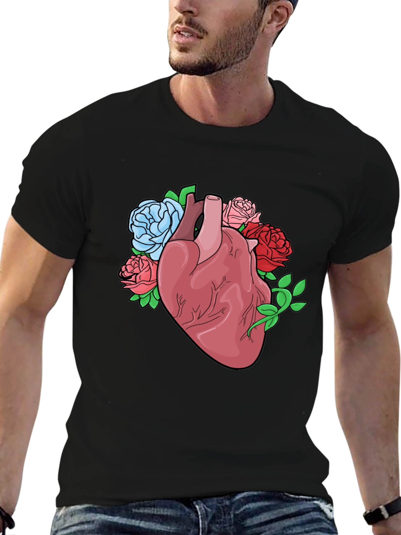 Floral Heart Graphic Tee - Black Cotton Blend
