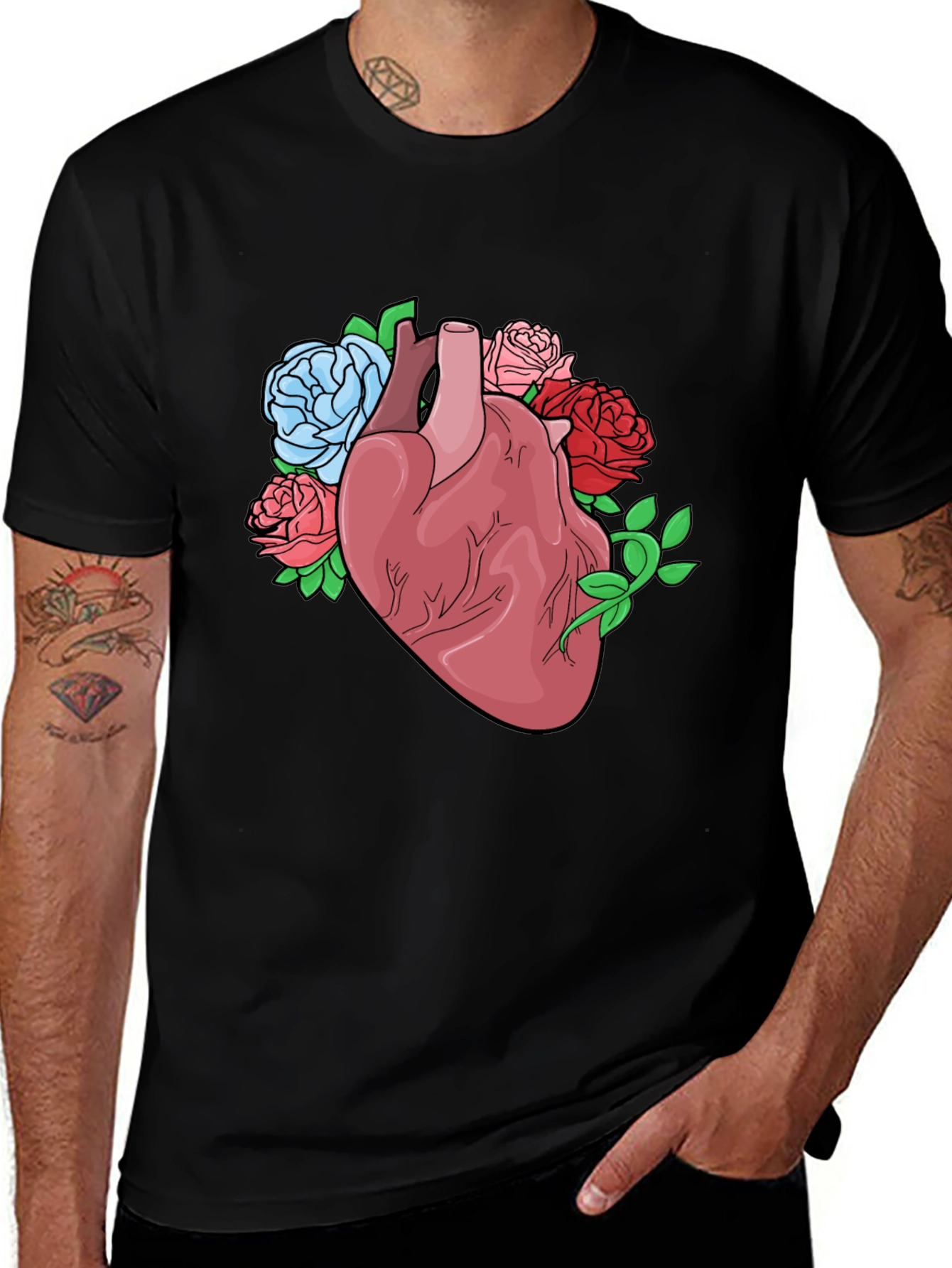 Floral Heart Graphic Tee - Black Cotton Blend