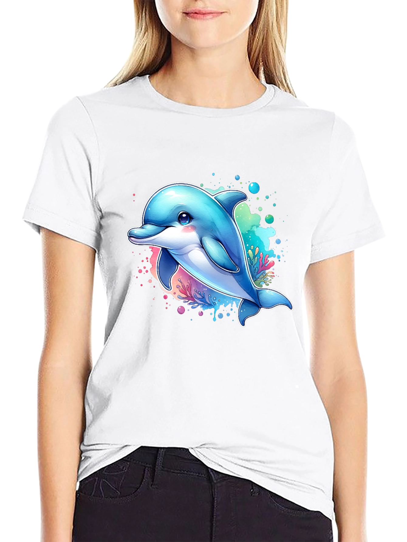 Dolphin Graphic Tee - Black Cotton Blend Casual Wear