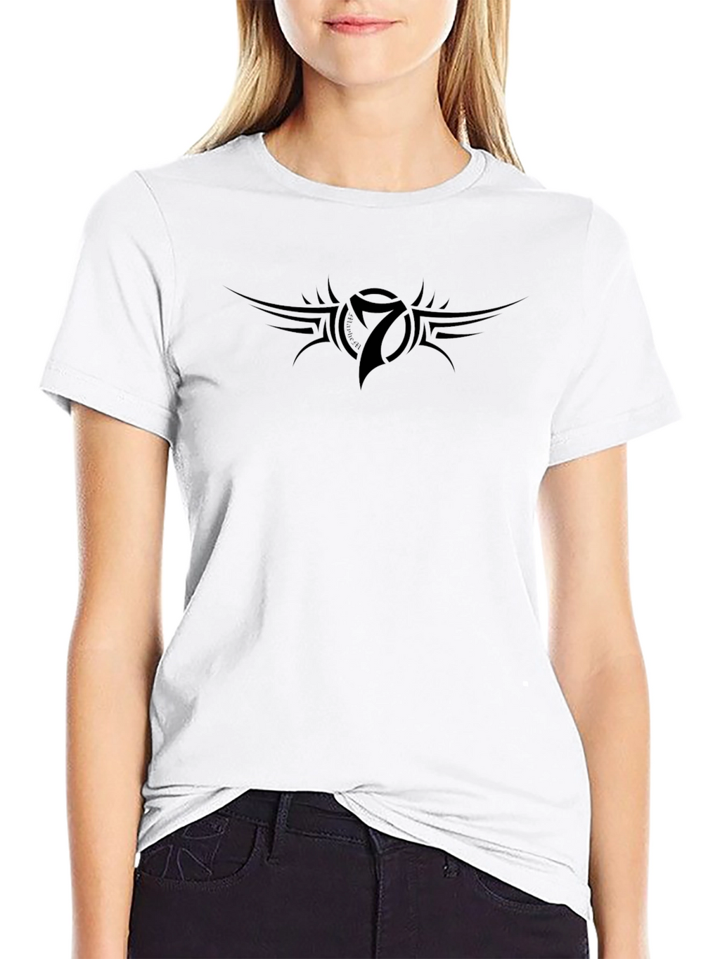 Black Graphic Tee with Tribal Number Seven Motif