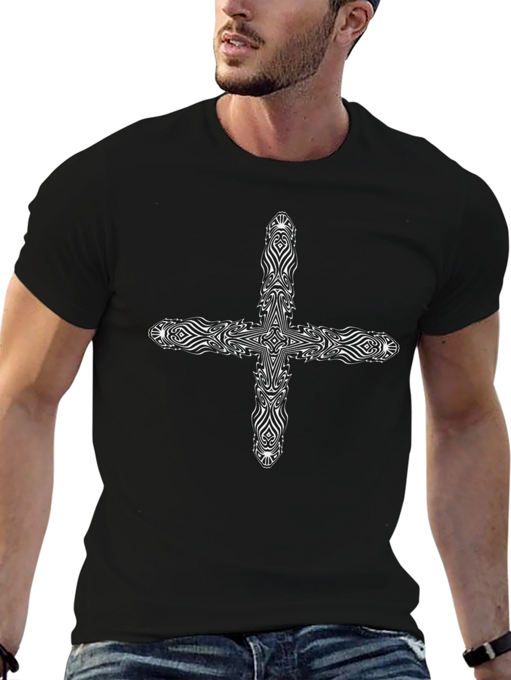 Ornate Cross Graphic Black T-Shirt