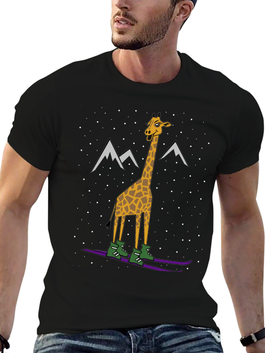 Skiing Giraffe Graphic Tee - Unique Winter Holiday T-Shirt