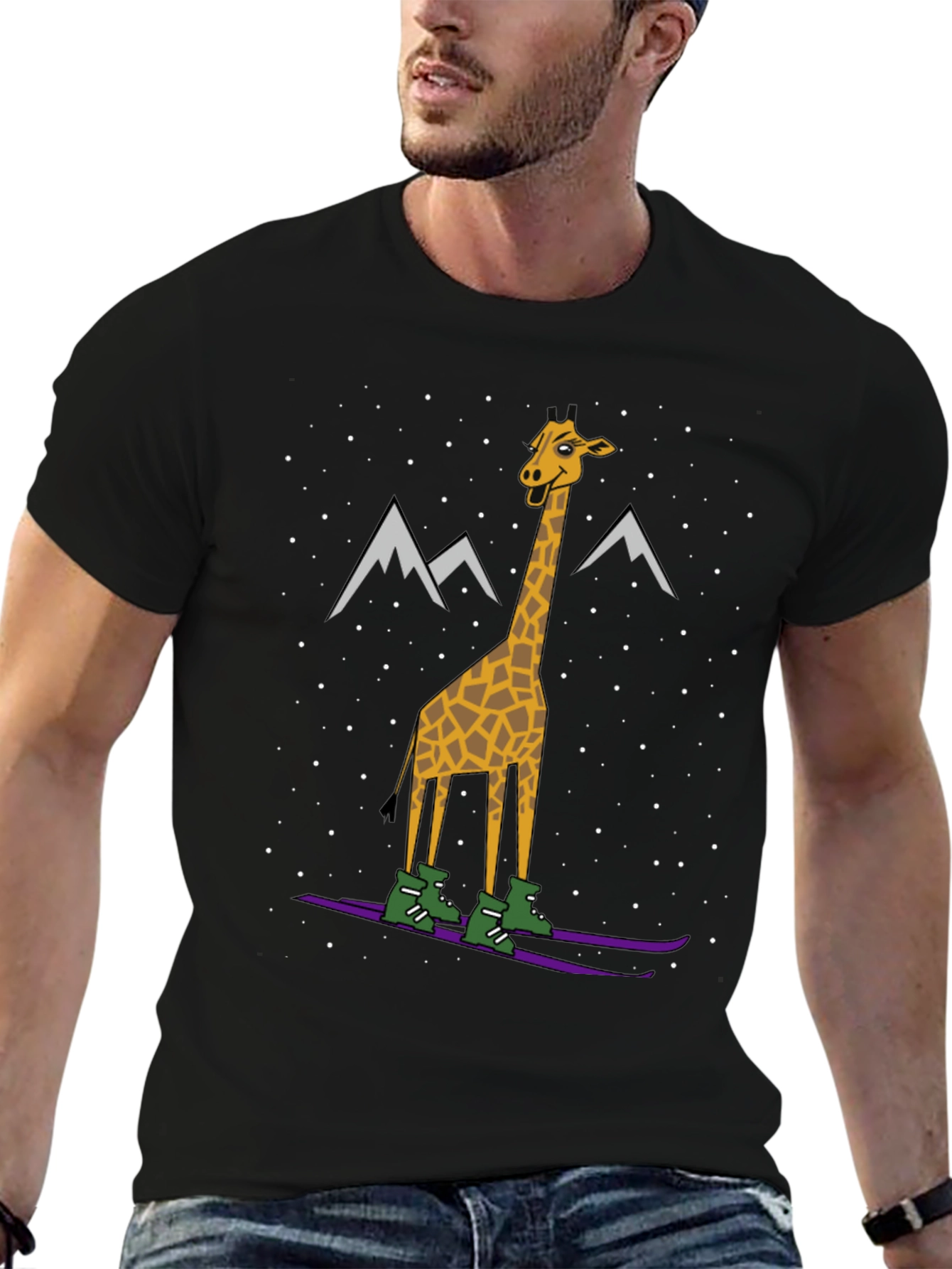 Skiing Giraffe Graphic Tee - Unique Winter Holiday T-Shirt