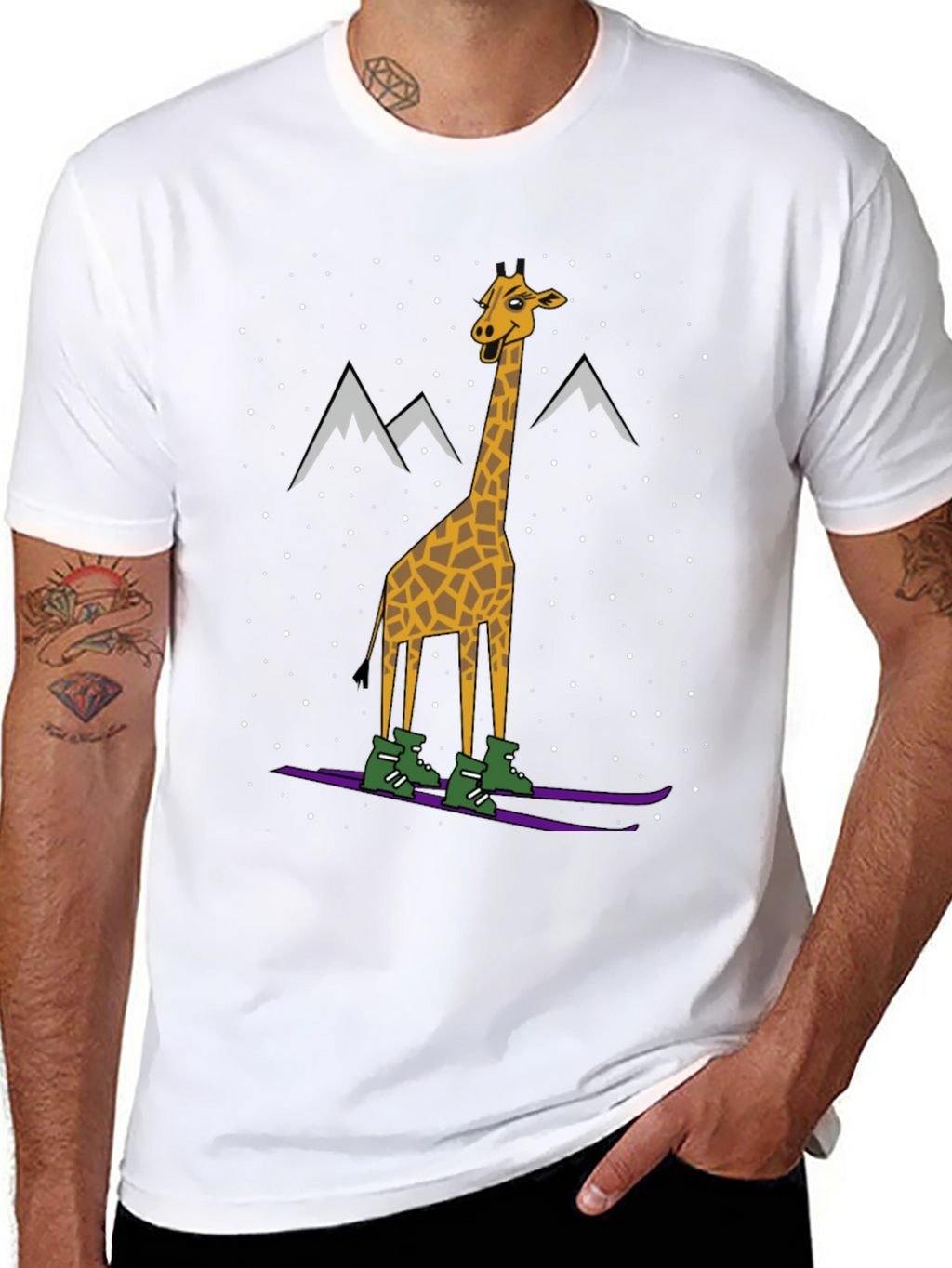 Skiing Giraffe Graphic Tee - Unique Winter Holiday T-Shirt