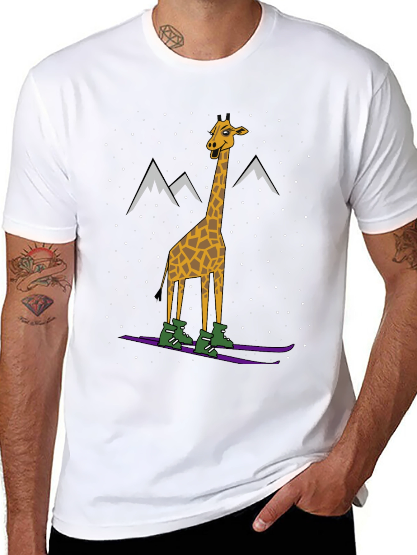 Skiing Giraffe Graphic Tee - Unique Winter Holiday T-Shirt