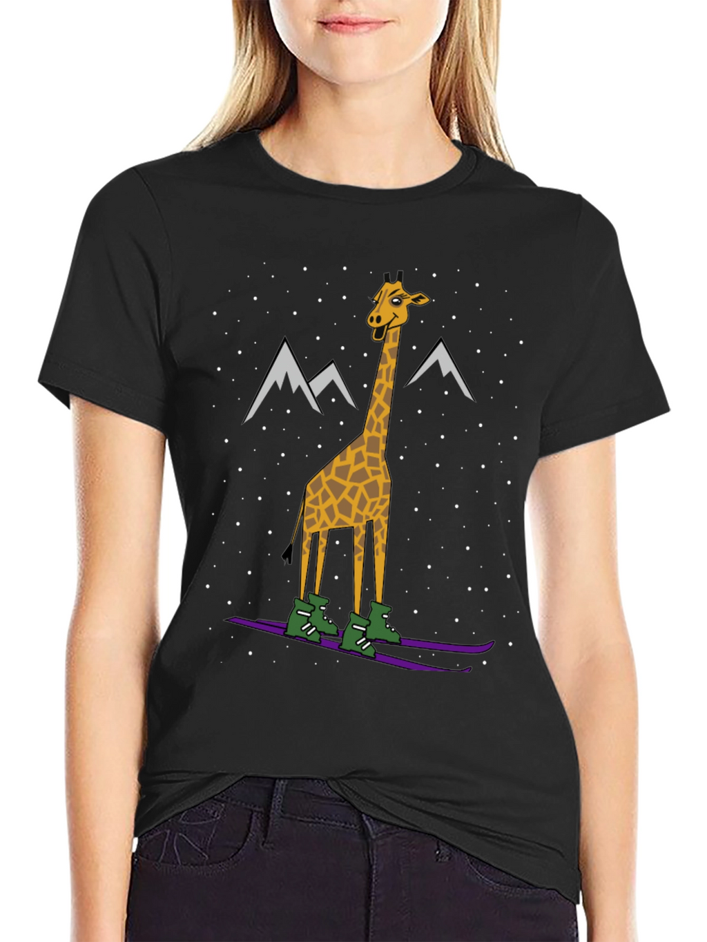 Skiing Giraffe Graphic Tee - Unique Winter Holiday T-Shirt