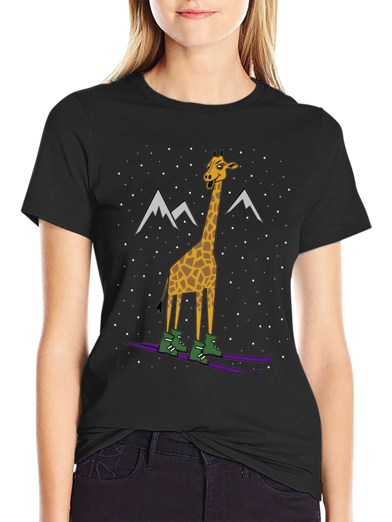 Skiing Giraffe Graphic Tee - Unique Winter Holiday T-Shirt