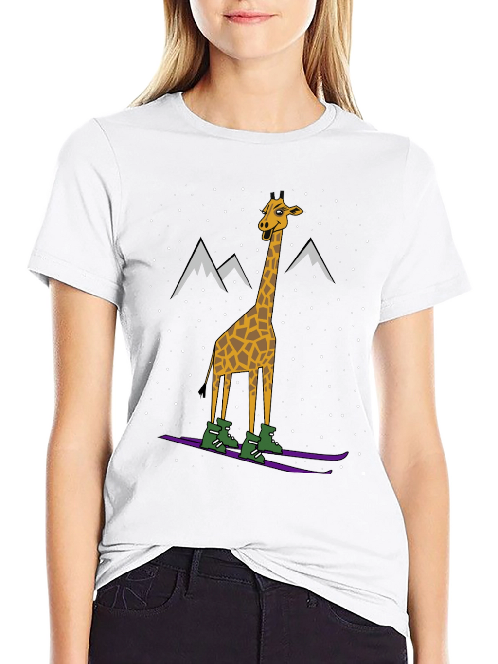 Skiing Giraffe Graphic Tee - Unique Winter Holiday T-Shirt
