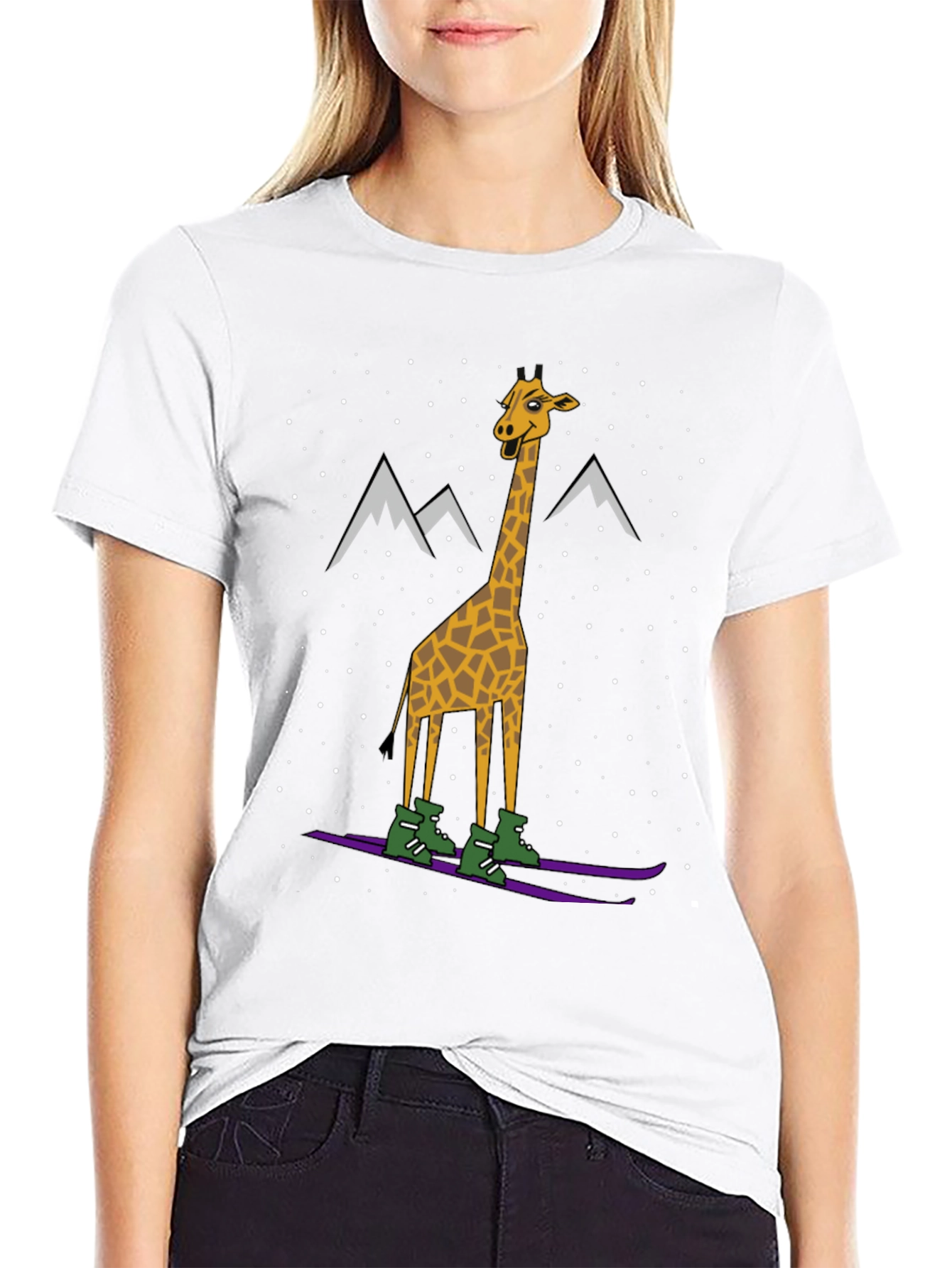 Skiing Giraffe Graphic Tee - Unique Winter Holiday T-Shirt