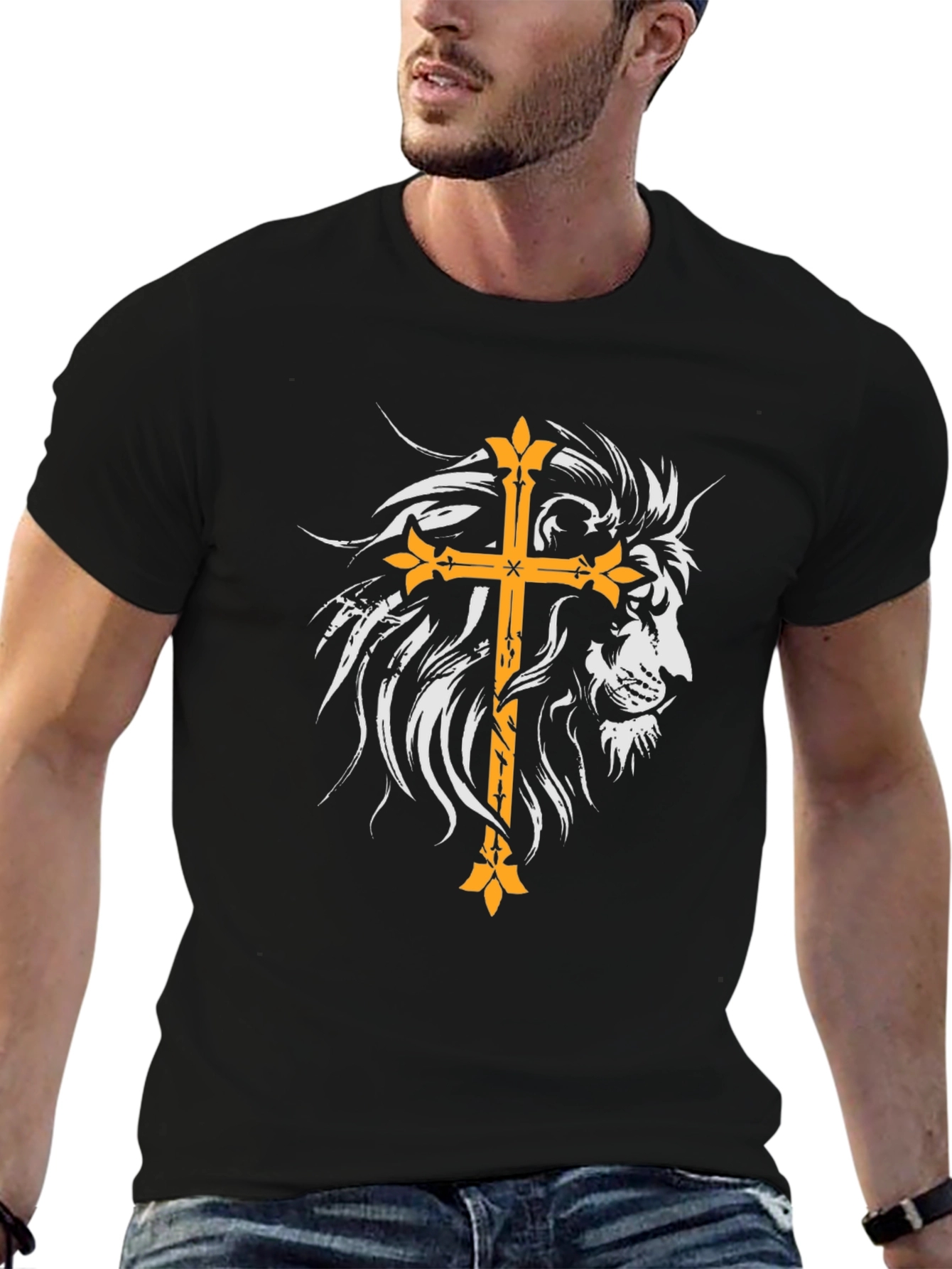 Lion and Cross Graphic Black T-Shirt