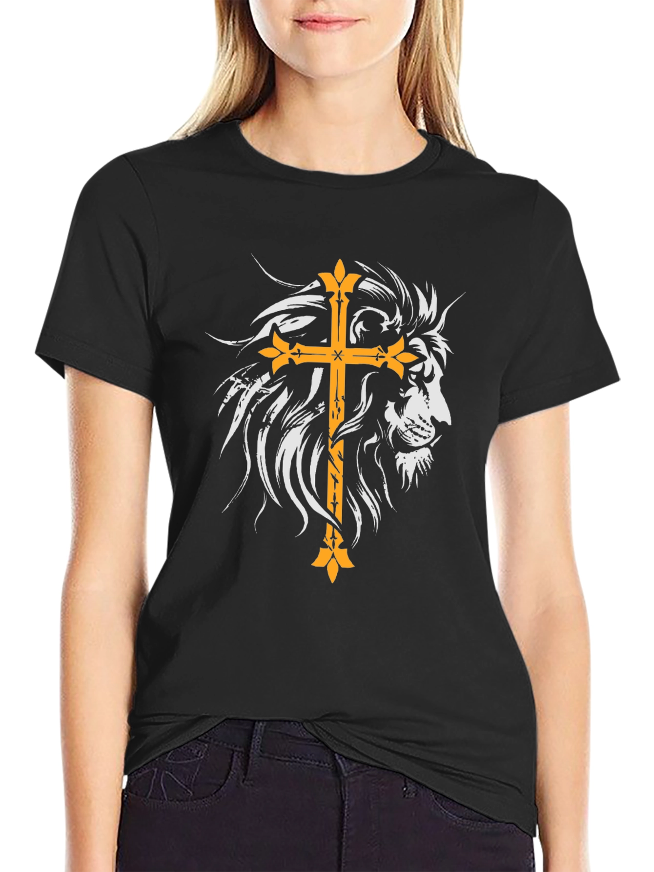 Lion and Cross Graphic Black T-Shirt