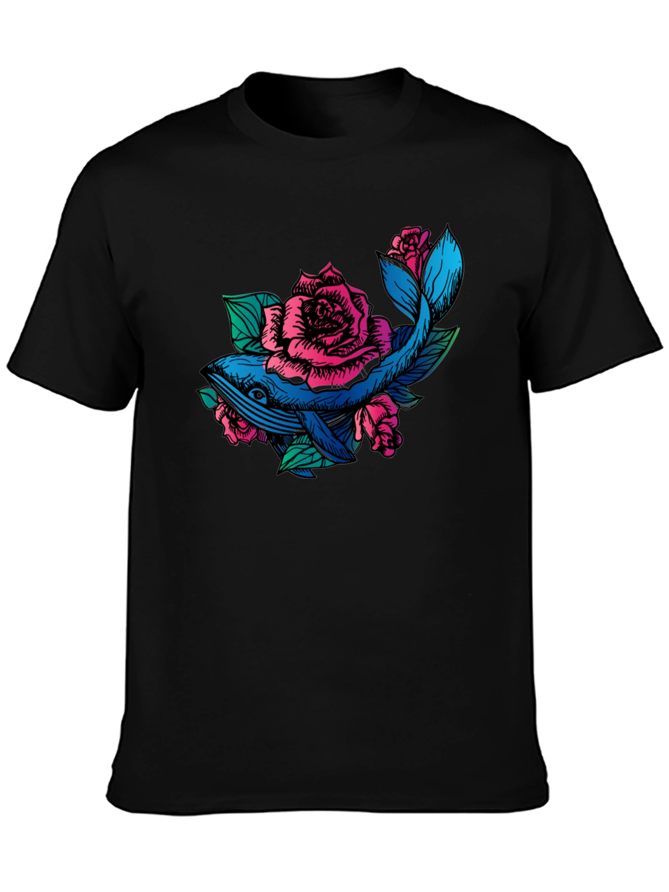 Whale and Roses Graphic T-Shirt - Black