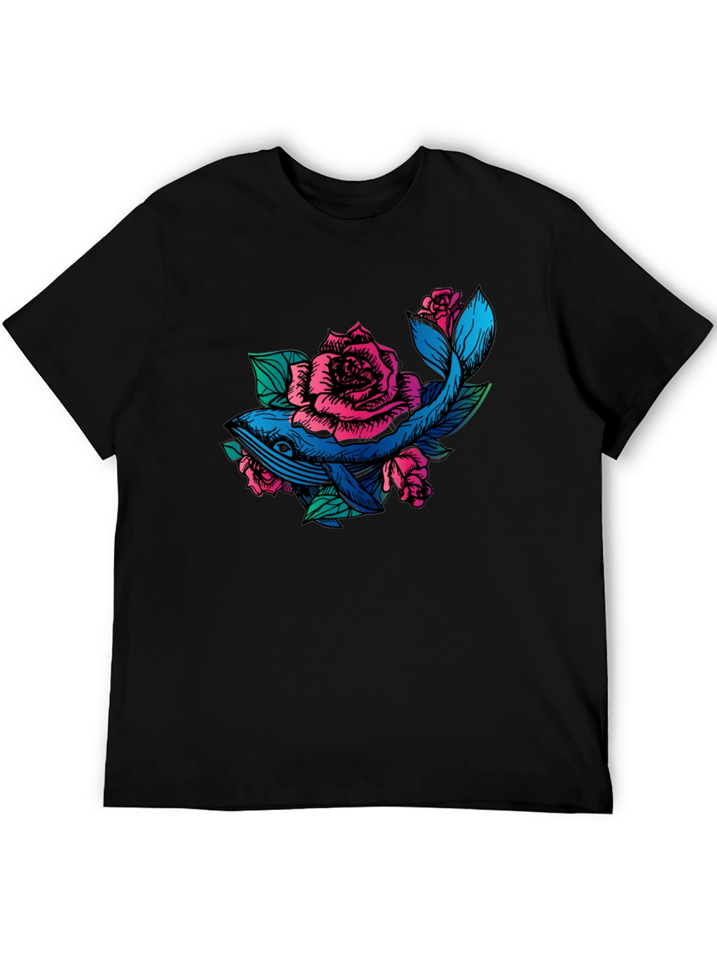 Whale and Roses Graphic T-Shirt - Black