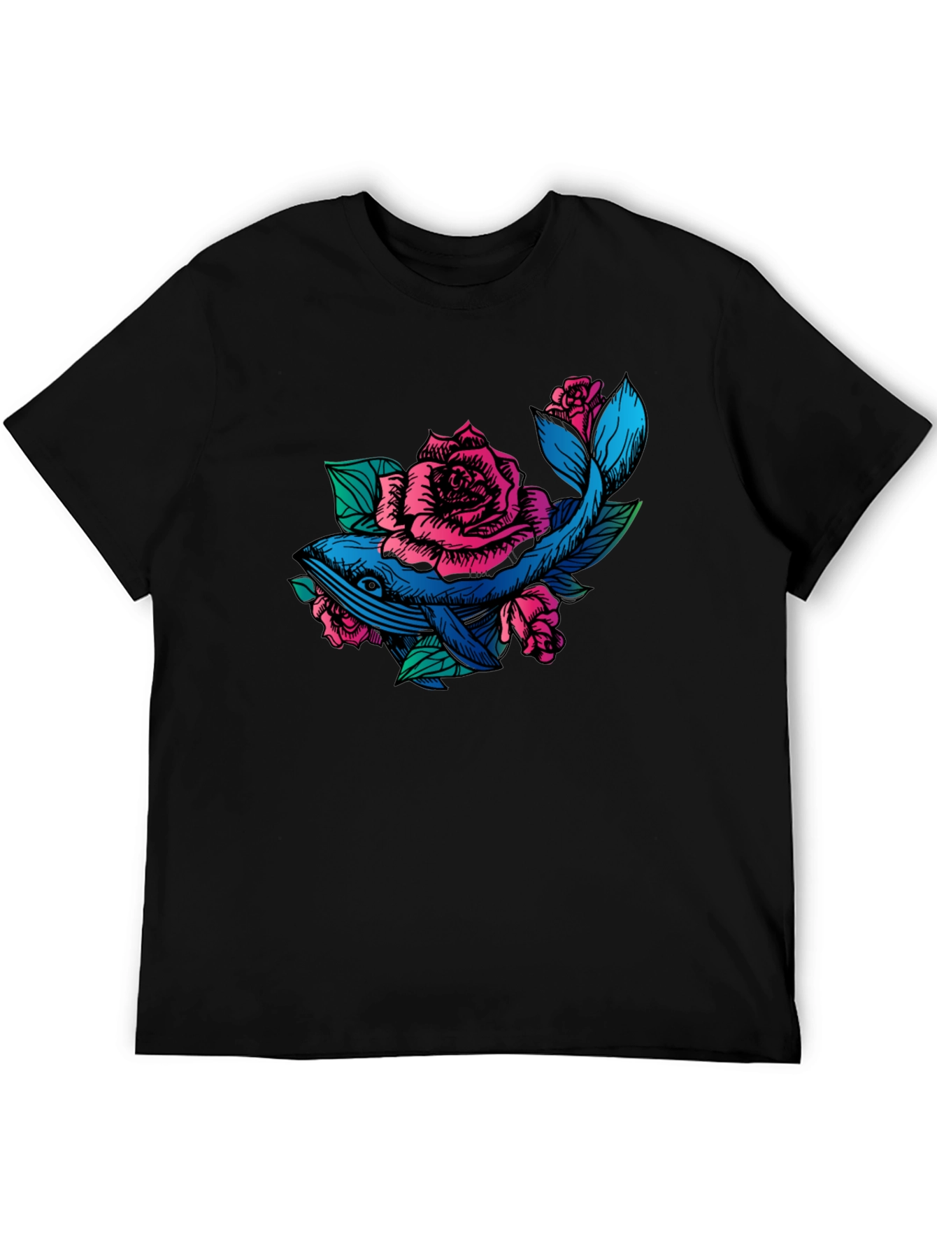Whale and Roses Graphic T-Shirt - Black