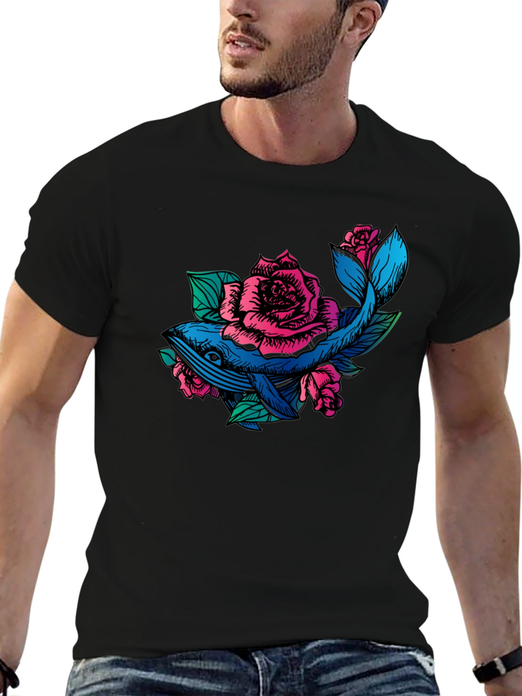 Whale and Roses Graphic T-Shirt - Black