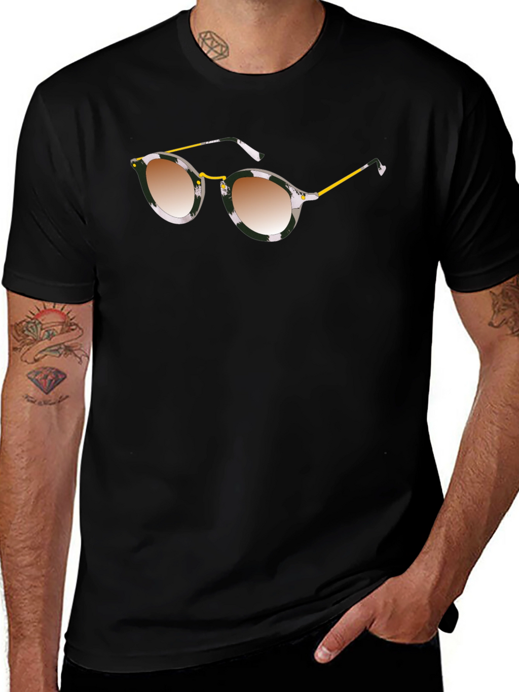 Stylish Black Graphic Tee with Sunglasses Print
