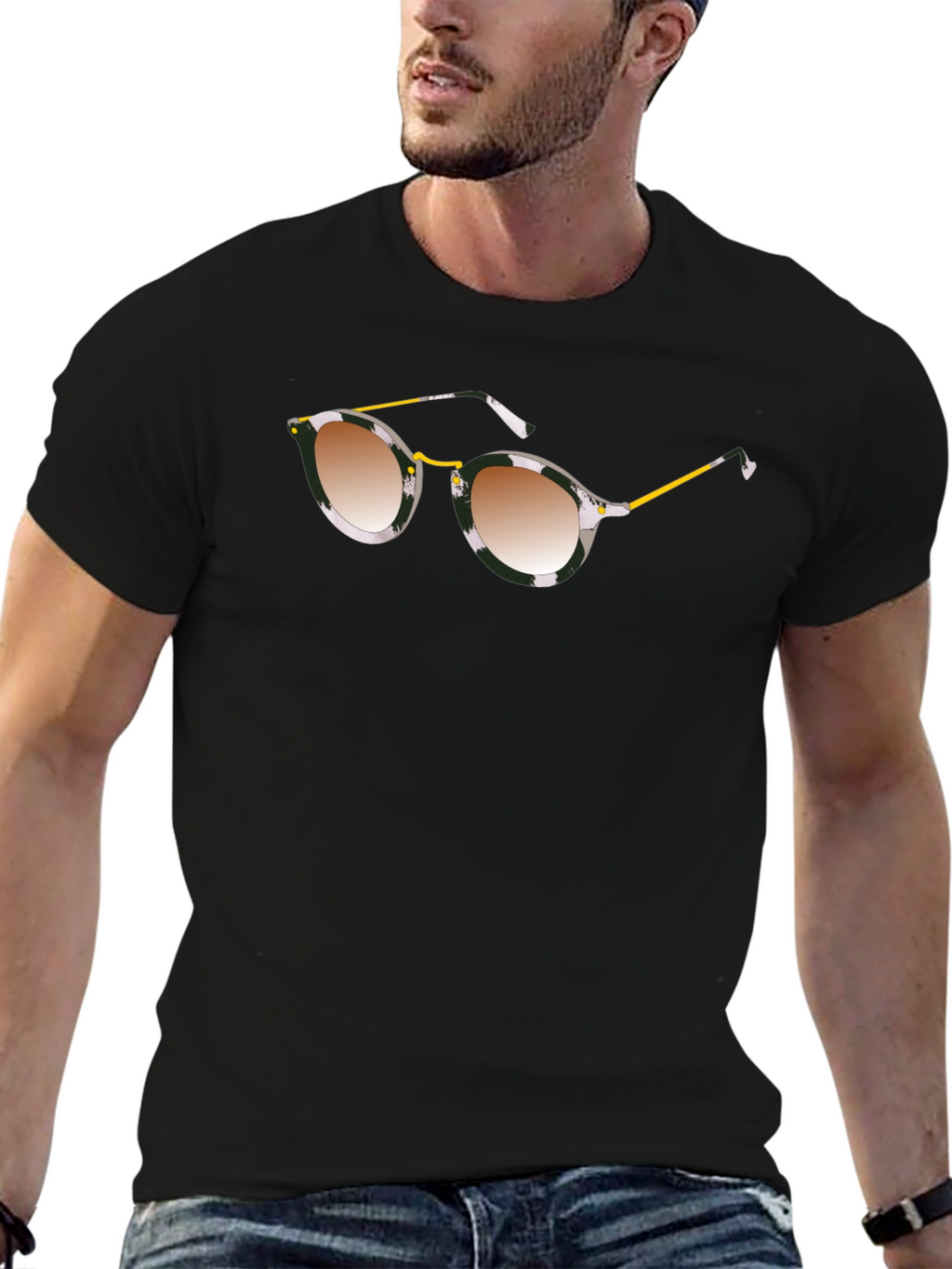 Stylish Black Graphic Tee with Sunglasses Print
