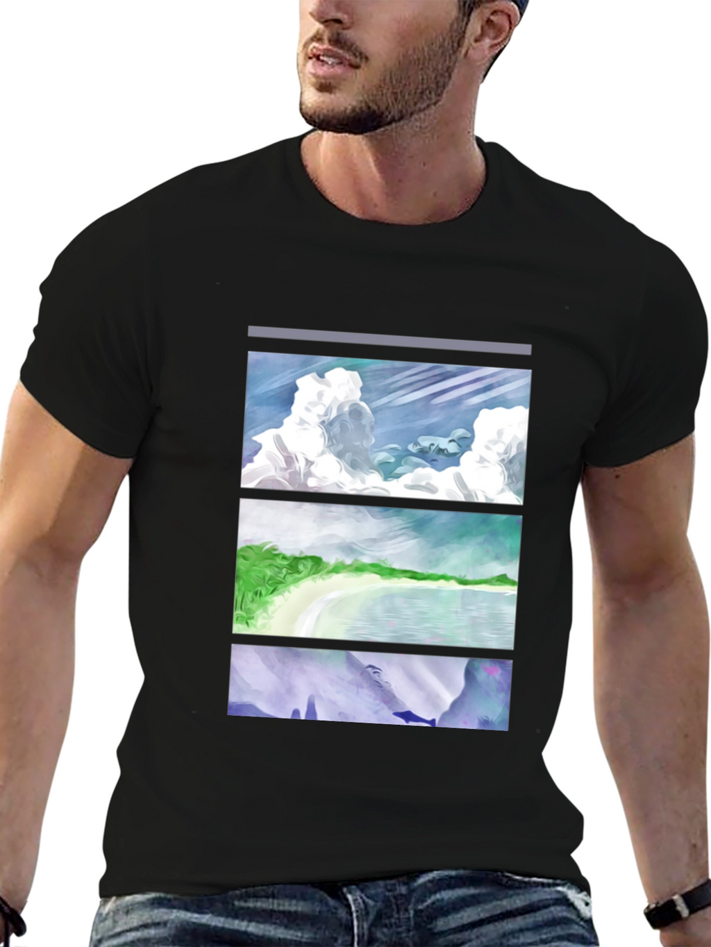 Scenic Panel T-Shirt - Clouds Beach Mountains