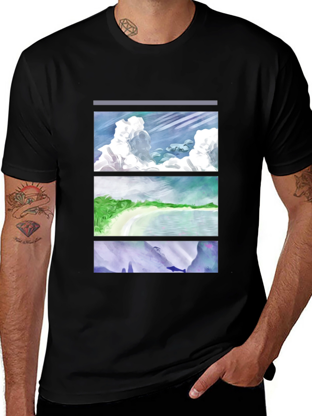 Scenic Panel T-Shirt - Clouds Beach Mountains