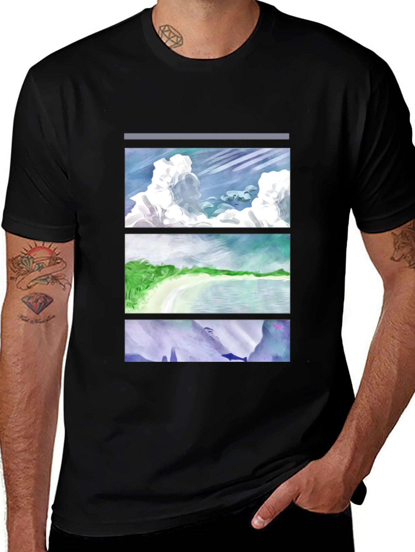 Scenic Panel T-Shirt - Clouds Beach Mountains