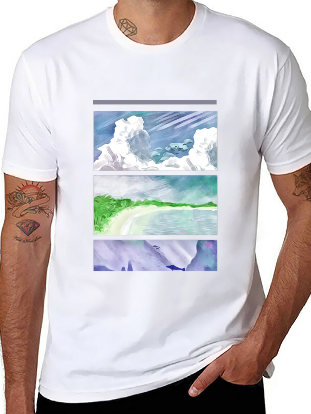 Scenic Panel T-Shirt - Clouds Beach Mountains