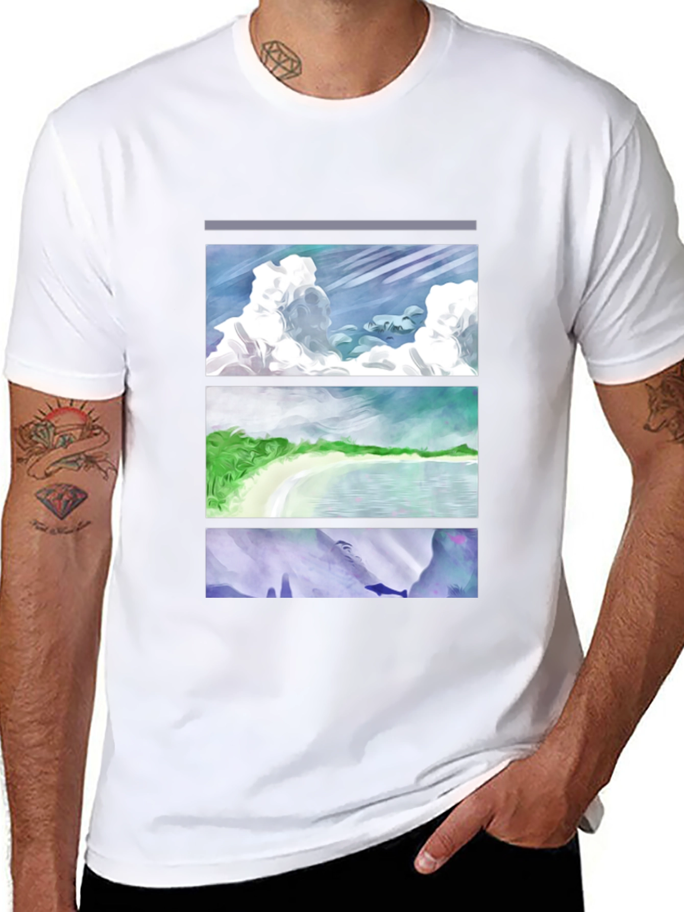 Scenic Panel T-Shirt - Clouds Beach Mountains