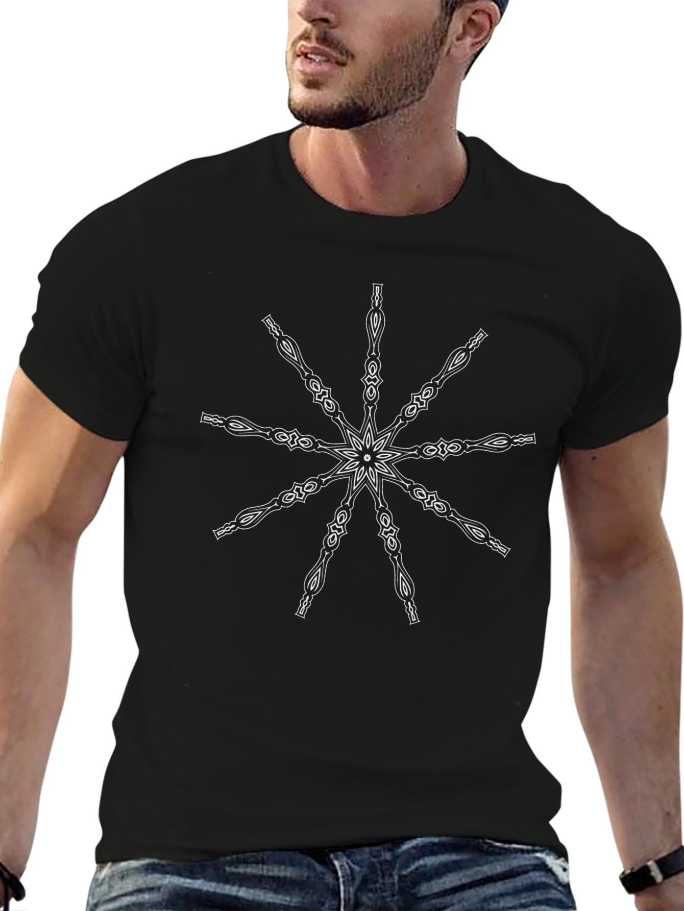 Black Graphic Tee with Mandala Style Design