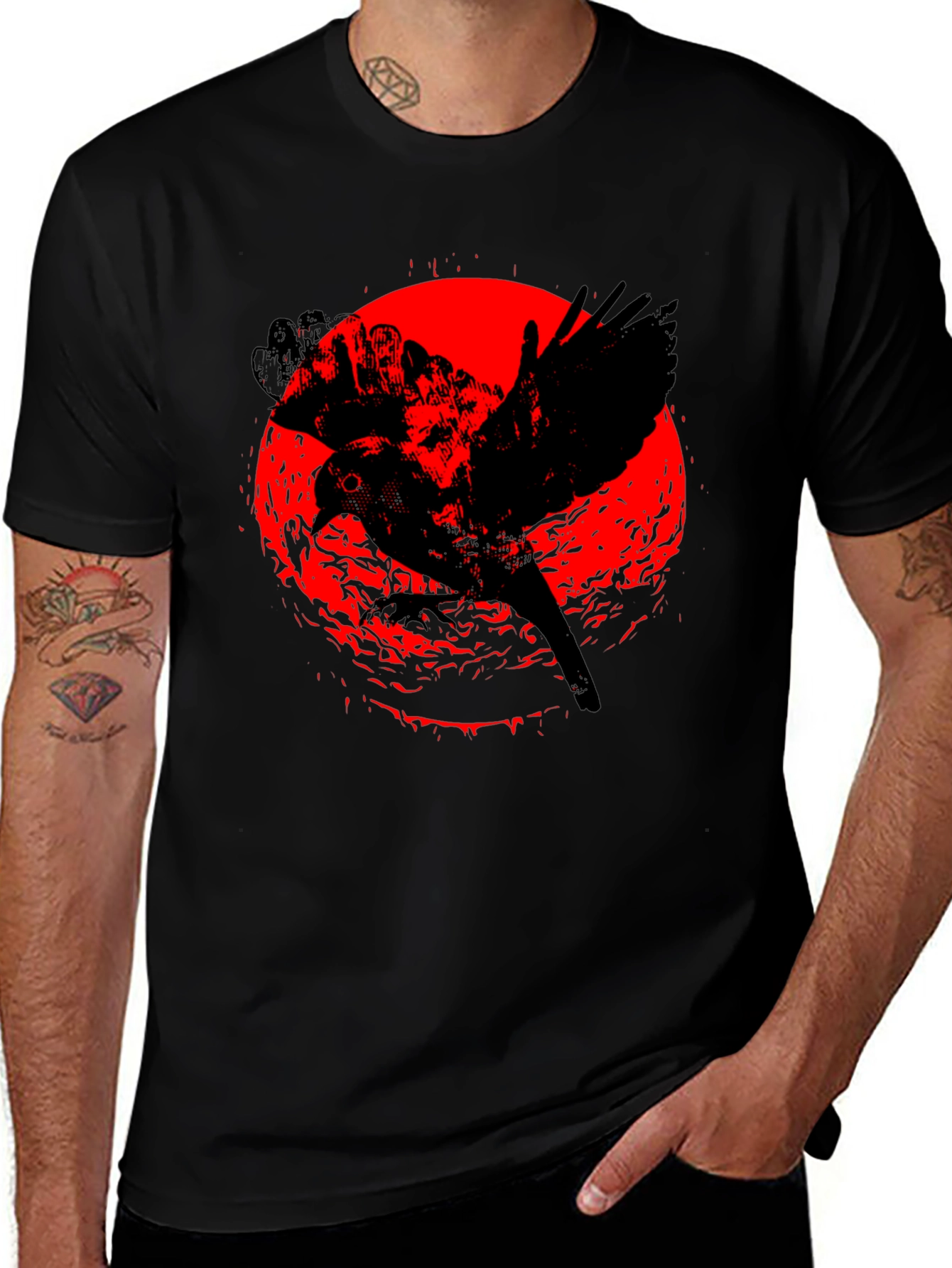Raven Graphic Tee - Black Cotton Crew Neck