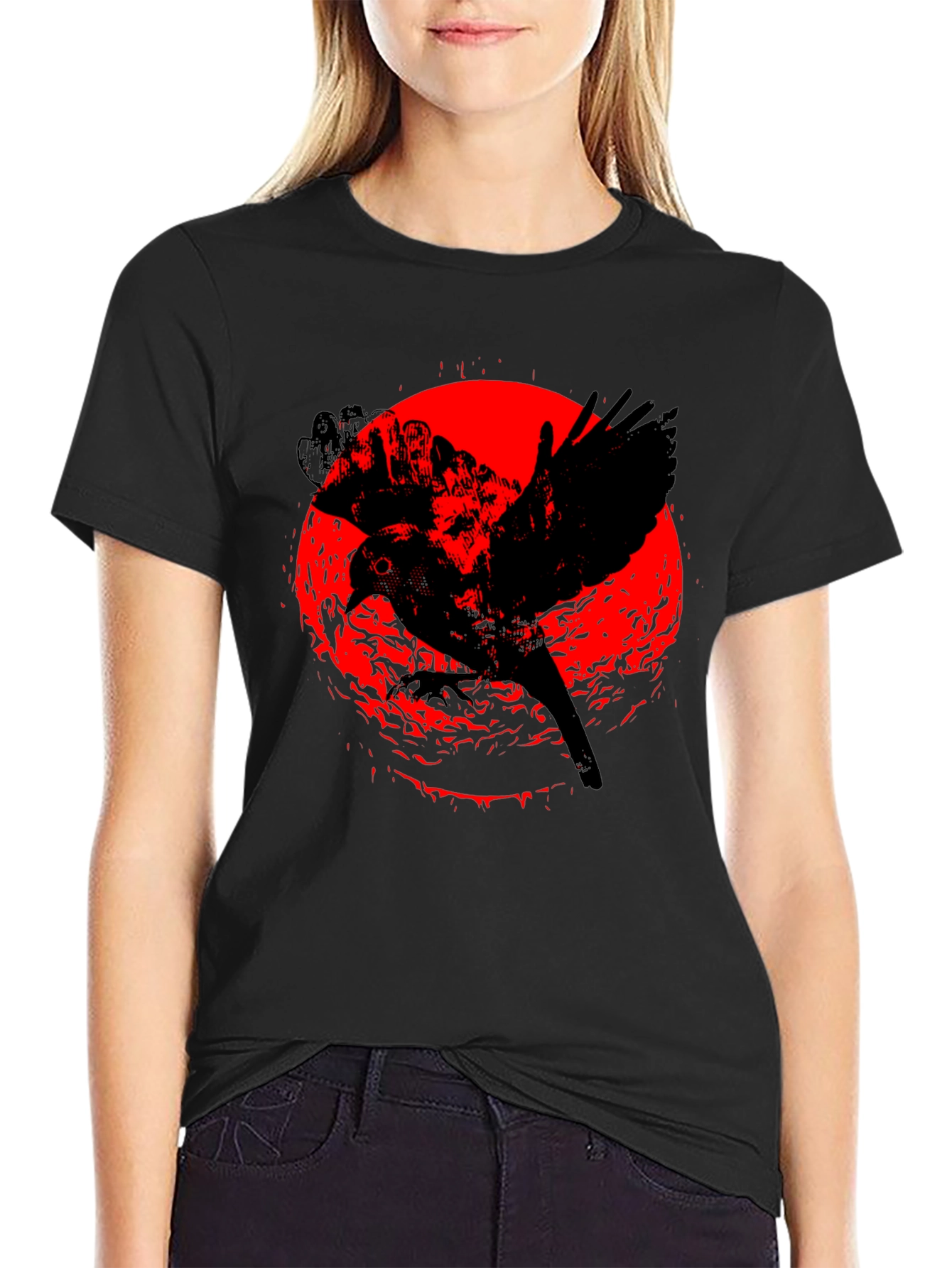 Raven Graphic Tee - Black Cotton Crew Neck
