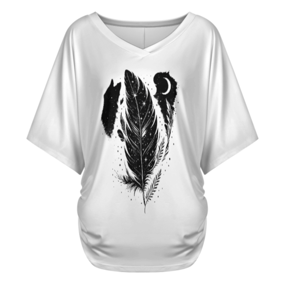 Mystic Feather Moon Wolf Graphic T-Shirt – Boho Nature Inspired Tee(z1082)