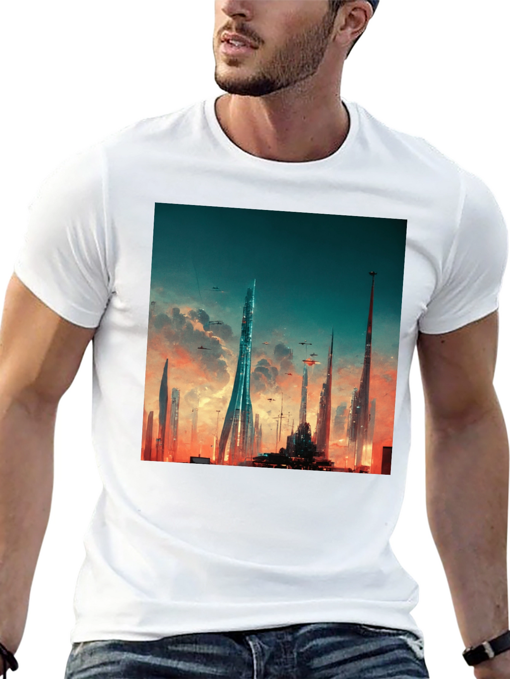 Futuristic Cityscape Graphic Tee - Black Cotton Blend