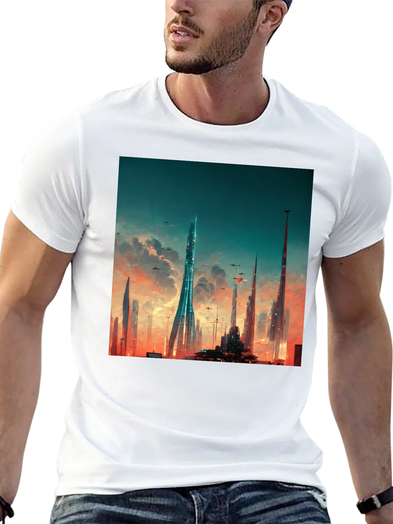 Futuristic Cityscape Graphic Tee - Black Cotton Blend
