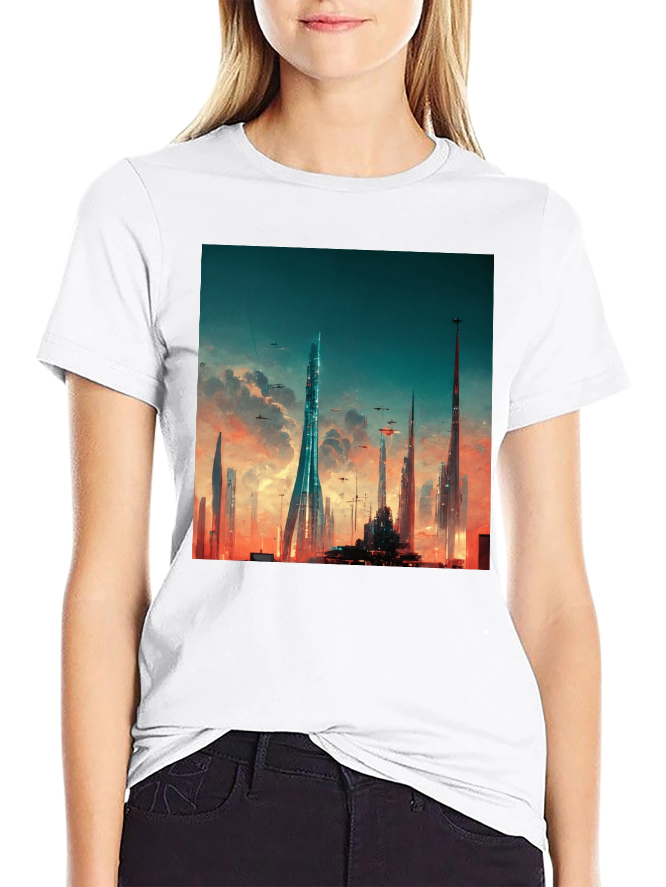 Futuristic Cityscape Graphic Tee - Black Cotton Blend