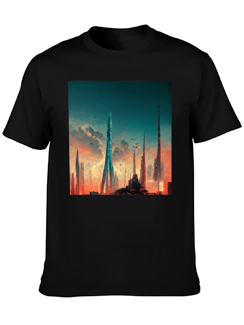 Futuristic Cityscape Graphic Tee - Black Cotton Blend