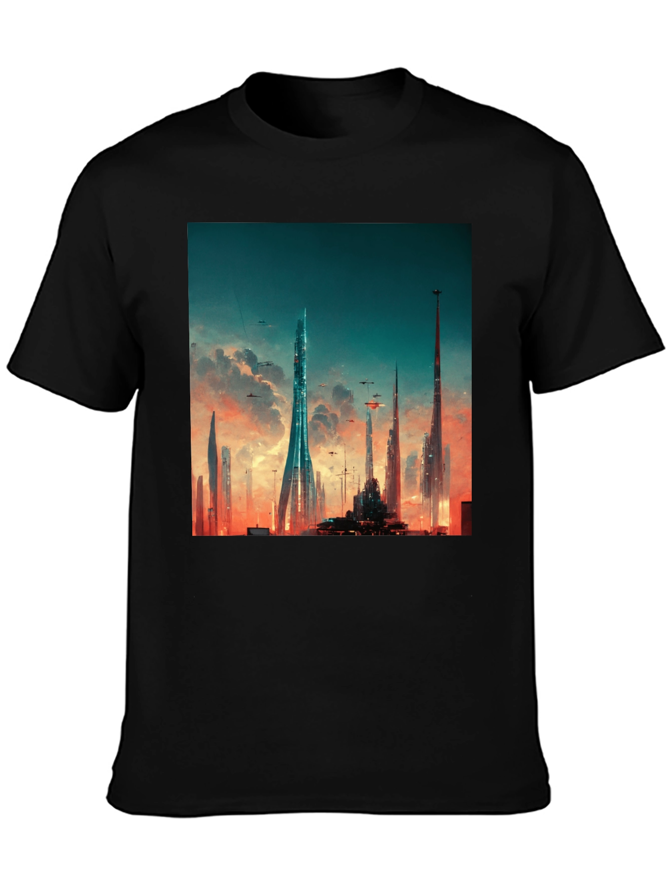 Futuristic Cityscape Graphic Tee - Black Cotton Blend