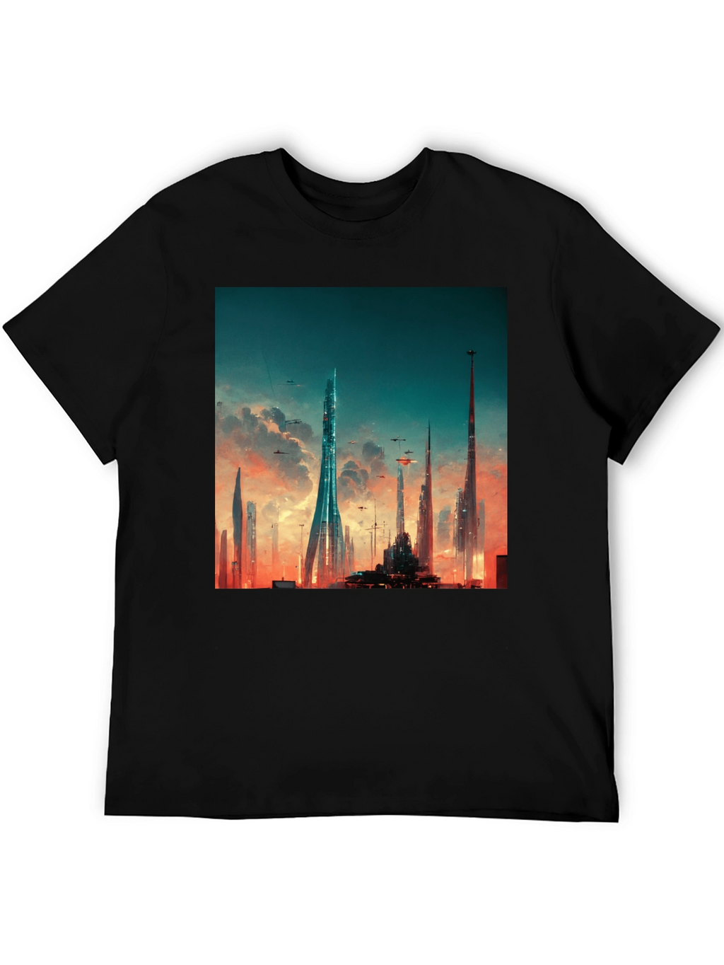 Futuristic Cityscape Graphic Tee - Black Cotton Blend
