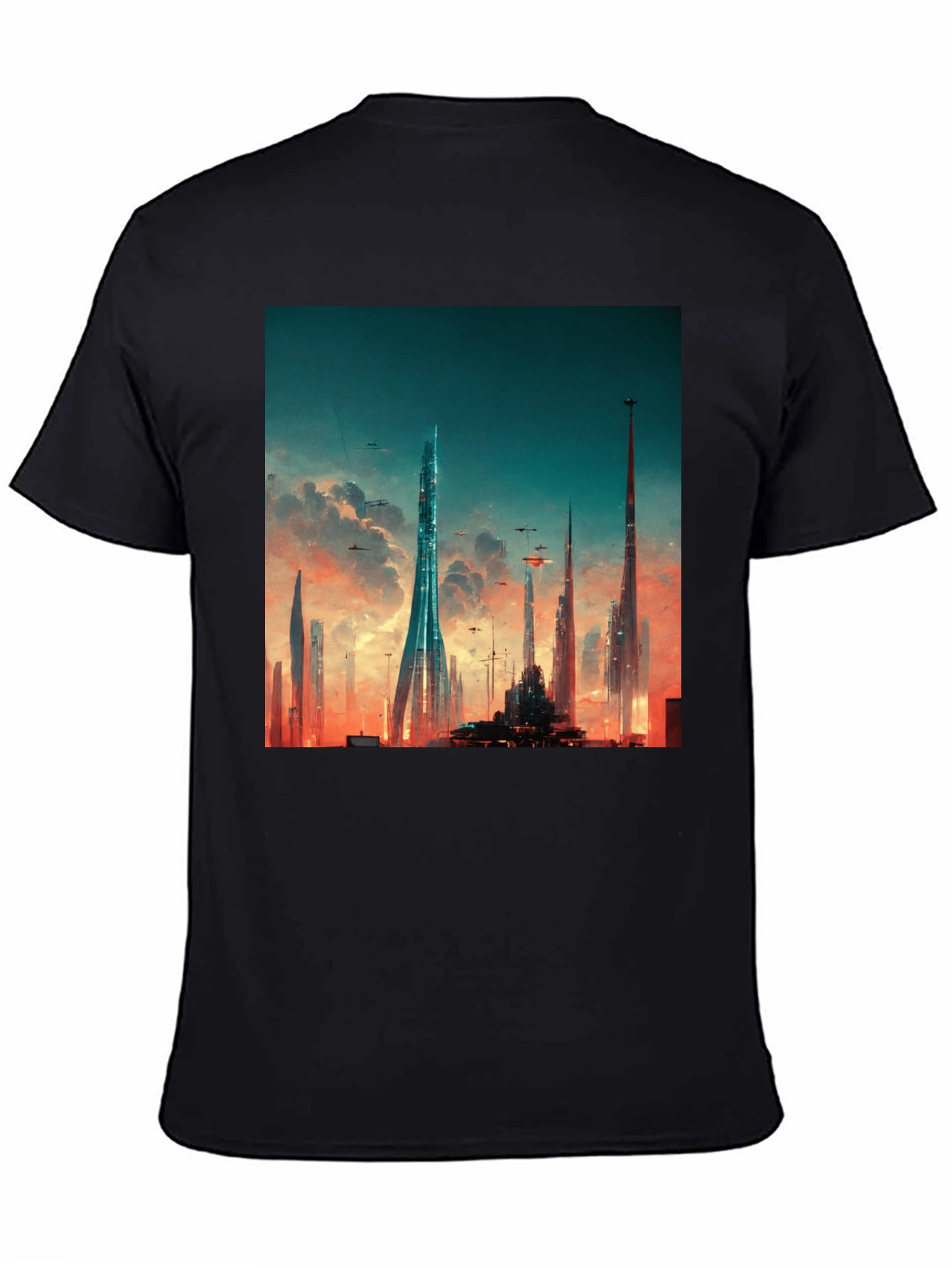 Futuristic Cityscape Graphic Tee - Black Cotton Blend