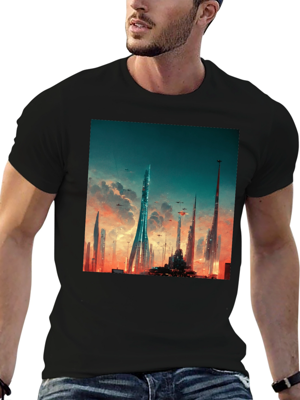 Futuristic Cityscape Graphic Tee - Black Cotton Blend